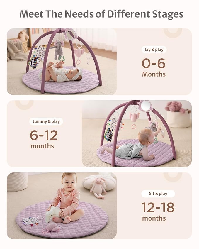 Blissful Diary Baby Play Gym Mat, Tummy Time Activity Mat with 6 Detachable Toys for Stage-Based Sensory & Motor Skill Development, Easy to Install & Clean, Baby Essentials Gift, Lavender Pink-CubbioJoy
