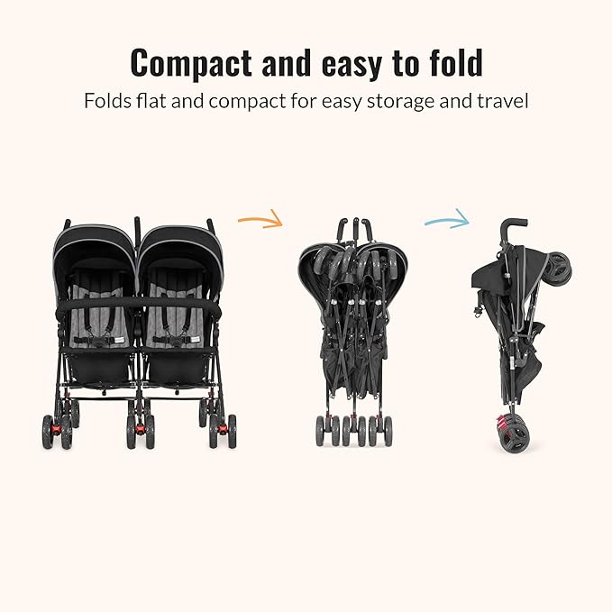 Dream On Me Volgo Twin Umbrella Stroller in Black, Lightweight Double Stroller for Infant & Toddler, Compact Easy Fold, Large Storage Basket, Large and Adjustable Canopy-CubbioJoy