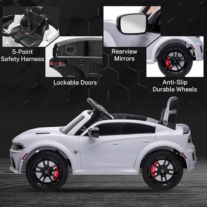 12V 7Ah Kids Electric Ride on Car, Licensed Dodge Charger SRT Hellcat, Battery Powered 4-Wheels Toy Car Electric Vehicle for Kids with Remote Control, 3 Speeds, LED Lights, Music (White)-CubbioJoy