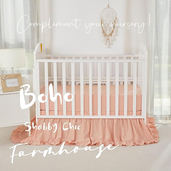 Brandream Baby Crib Bedding Set for Girls Boys Gender Neutral Boho Bohemian Farmhouse Chic Ruffle 6-Piece Nursery Bedding Set - 100% Cotton with Washed Craft Blush Pink Super Soft-CubbioJoy