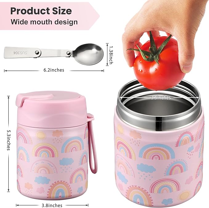 17oz Soup Thermo for Hot Food Kids,Insulated Food Jar with Spoon,Thermo Hot Food Lunch Container,Wide Mouth Leakproof Stainless Steel Lunch Box for School-Rainbow-CubbioJoy