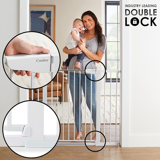Cumbor 36" Extra Tall Baby Gate for Dogs and Kids with Wide 2-Way Door, 29.7"- 46" Width, and Auto Close Personal Safety for Babies and Pets, Fits Doorways, Stairs, and Entryways, White-CubbioJoy