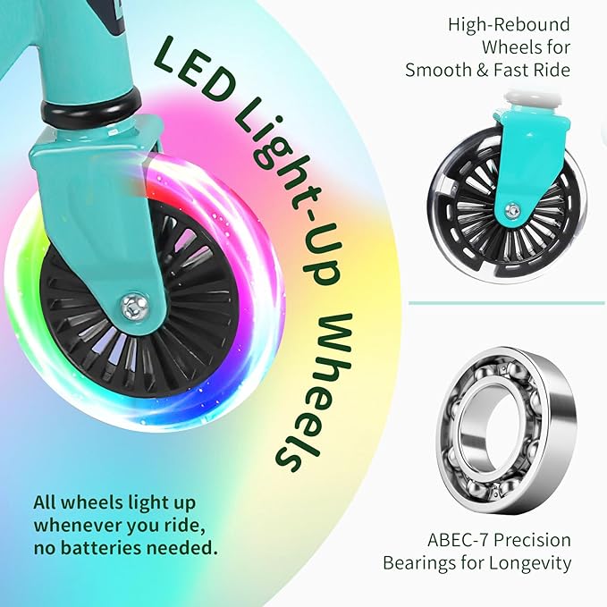 BELEEV V2 Scooters for Kids with Light-Up Wheels & Stem & Deck, 2 Wheel Folding Scooter for Girls Boys, 3 Adjustable Height, Non-Slip Pattern Deck, Lightweight Kick Scooter for Children Ages 3-12-CubbioJoy