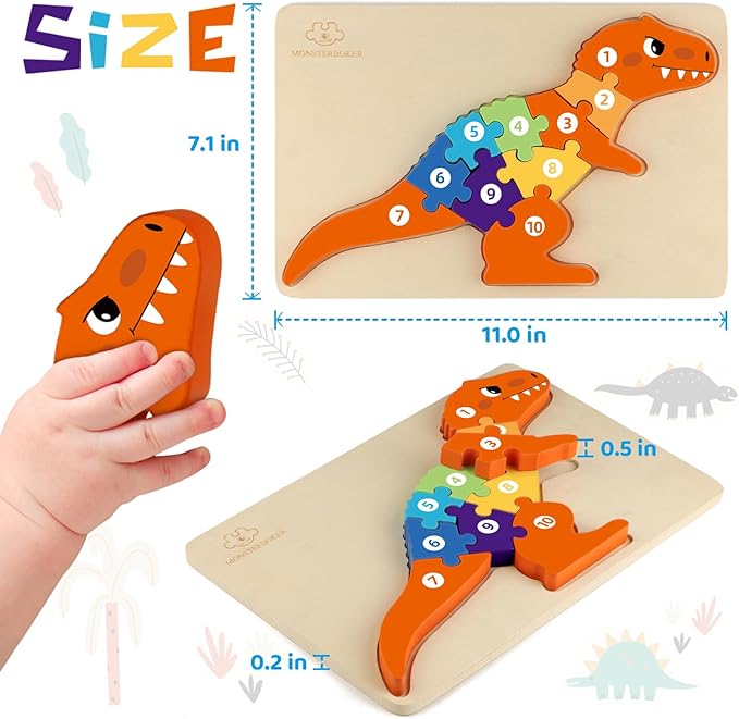 Dinosaur Puzzles for 1+ Year Old, Wooden Puzzles for Toddlers 1-3, Dinosaur Toys for Kids 2-4 Boys/Girls, Large Floor Chunky Dino Puzzles Ages 3-5, Learning Number Color 4-6, Allosaurus-CubbioJoy