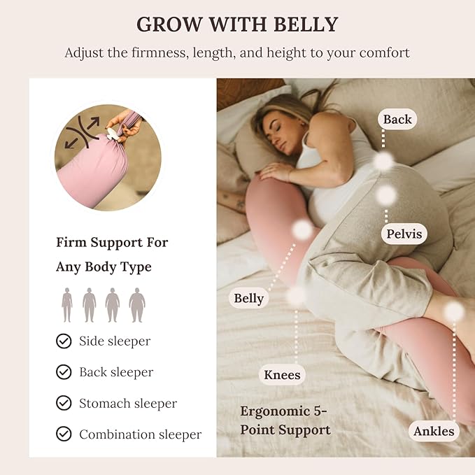 Cuddobaby Pregnancy Pillow 5-in-1 【Cooling Cover, Adjustable Firmness】 Patented Lock Design, Turn into O-Shape Nursing Pillow, 5-Point Full Body Support, Maternity Pillow with Travel Bag - Pink-CubbioJoy