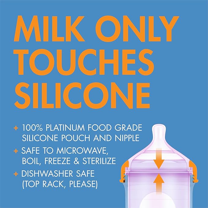 Boon Nursh Reusable Silicone Pouch Baby Bottles - Medium Flow Nipple - Silicone Baby Bottle Pouch and Nipple - Baby Feeding Essentials - Color Block - 3-6 Months - 3 Count - 8 Ounce-CubbioJoy