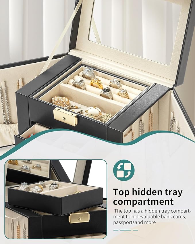 AKOZLIN 4-Tier Jewelry Box Leather Jewelry Storage Organizer with 3 Drawers Lockable for Women Girls Ring Necklace Earring Bracelet Holder with Mirror Black-CubbioJoy