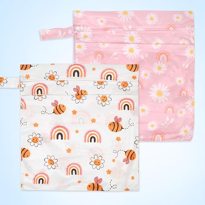 2pcs Cloth Diaper Wet Dry Bags, Waterproof Reusable Wet Bag with 2 Zipper Pockets & Handle, Washable Laundry Bags for Baby Adult Clothes Travel Beach Pool Daycare Yoga Gym Exercise Swimsuits,-CubbioJoy