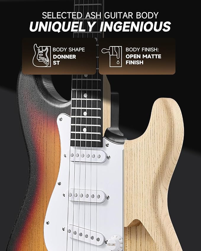DONNER DST-80 Electric Guitar 39” Beginner Electric Guitar Kit with Amp, Classic SSS Pickup Complete with Gig Bag, Tuner, Capo, Strap, Picks, and Free Online Lessons-CubbioJoy