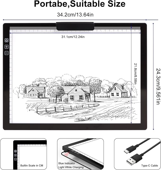 A4 Led Tracing Light Box with Carry Bag Built-in Stand,Ultra-Thin Light Pad Powered by 1500mAh Lithium Battery for Cricut Vinyl, Weeding Tool, Drawing Crafting Box/Board for Tracing, Sketching & HTV-CubbioJoy