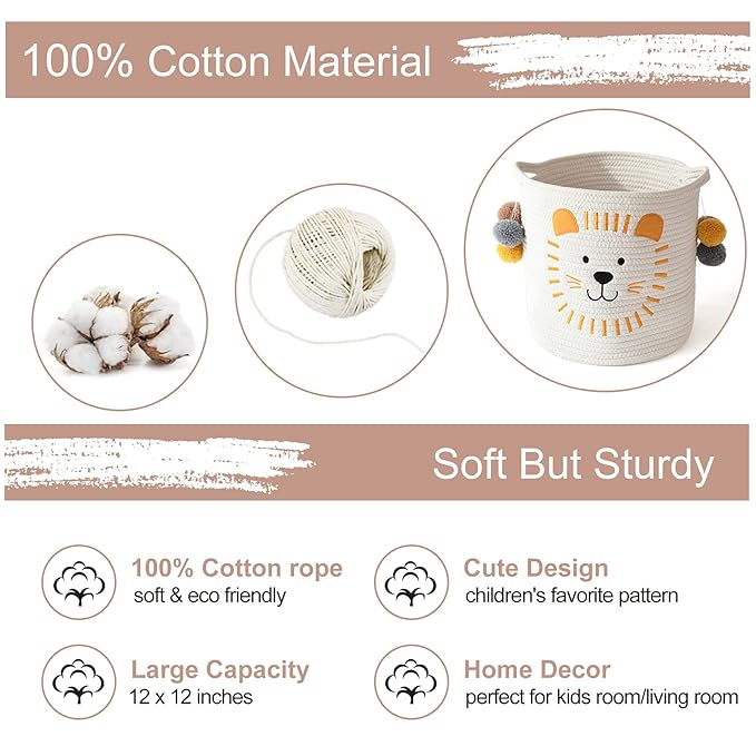 INough Toy Storage Baskets Cute Laundry Basket with Handles Dog Toy Storage Basket Durable Large Cotton Rope Storage Bins Home Organizer Solution for Office, Bedroom, Closet, Toys & Laundry (Lion)-CubbioJoy