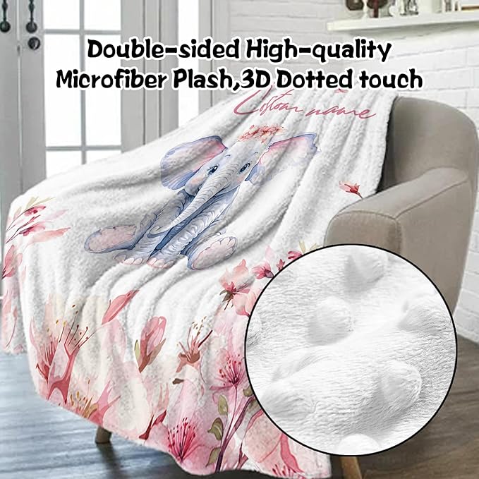 Custom Nursery Crib Bedding Set: 4 Piece Pink Flower Elephant Pattern Baby Crib Sets for Girls with Personalized Name - Toddler Double Layer Blanket Set, Comfortable Crib Bed Sheets for Baby Toddlers-CubbioJoy