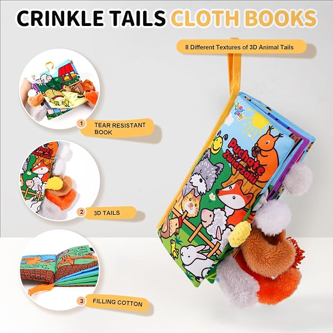 Jollybaby Baby Cloth Books, Touch & Feel Crinkle Soft Books, for Infants Babies, Toddler Early Educational Interactive Stroller Toys, Baby Girl & Boy Gift(Plush Tails)-CubbioJoy
