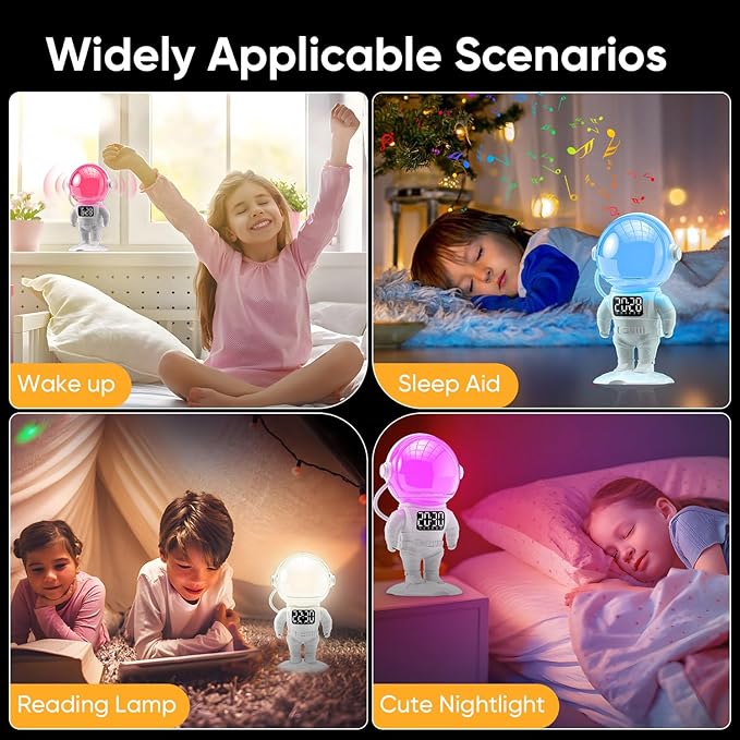 Astronaut Sunrise Alarm Clock for Kids, White Noise Sound Machine with 30 Soothing Sounds, 22 Dimmable Nightlights, Bluetooth Speaker, Dual Digital Alarm Clocks, Wake Up Light for Bedroom, Adults-CubbioJoy