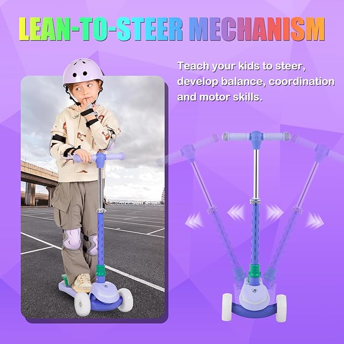 3-Wheel Light-Up Kids Scooter, 20 Different Light Patterns,Three Adjustable Heights,Lean to Steer, Balance Scooter for Ages 3-8-CubbioJoy