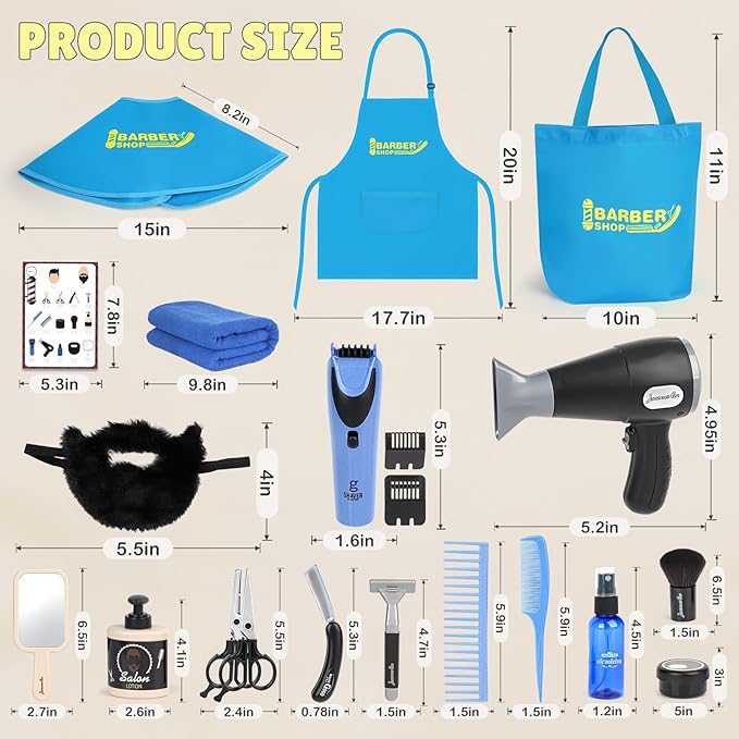 Barber Shop Pretend Play Toy, Kids Hair Salon Toys, Kids Shaving Kit for Boys Ages 3+ with Blow Dryer, Electric Shaver Toys, Tool Bag and Stylist Shave Barber Accessories for Role Play (Black)-CubbioJoy
