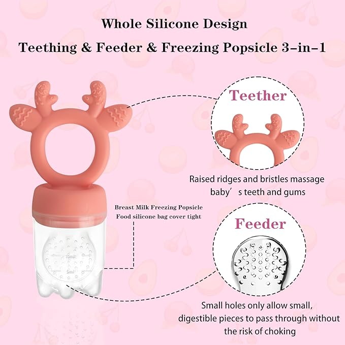 Baby Fruit Food Feeder - Silicone Nibble Tray Combo - Breastmilk Popsicle Mold for Cooling Relief, BPA Free Mesh Feeder for Infant Self Feeding (Deer Pink + Pineapple)-CubbioJoy