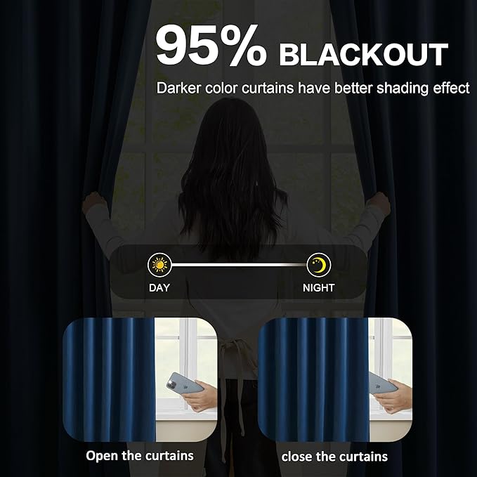 KEQIAOSUOCAI Navy Blackout Curtains 72 Wide x 95 inch Long 2 Panels - Thermal Insulated Room Divider Curtains for Bedroom/Living Room/Patio, Wide Width Pinch Pleated Curtain Panel with Hooks 72 x 95-CubbioJoy
