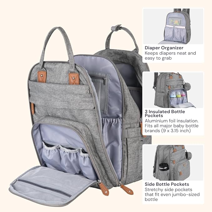 BabbleRoo Extra Large Diaper Bag Backpack, Expandable Baby Bag with Up to 50% More Capacity - Travel Essentials Baby Bag Tote with Changing Pad, Stroller Straps & Pacifier Case - Unisex, Light Gray-CubbioJoy