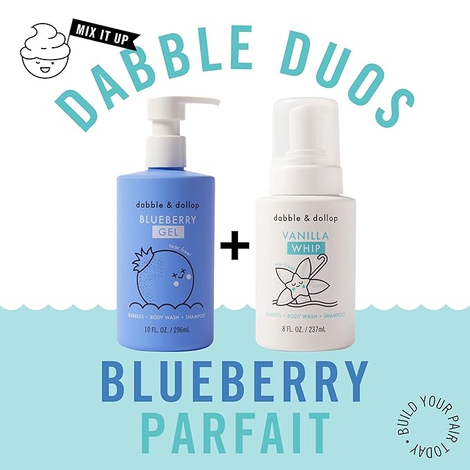 Dabble & Dollop Blueberry + Vanilla Body Wash & Shampoo – 3-in-1 Natural Bubble Bath for Kids, Made in USA, No Parabens or Sulfates, Vegan, Gluten-Free, Tear-Free (2-Pack)-CubbioJoy
