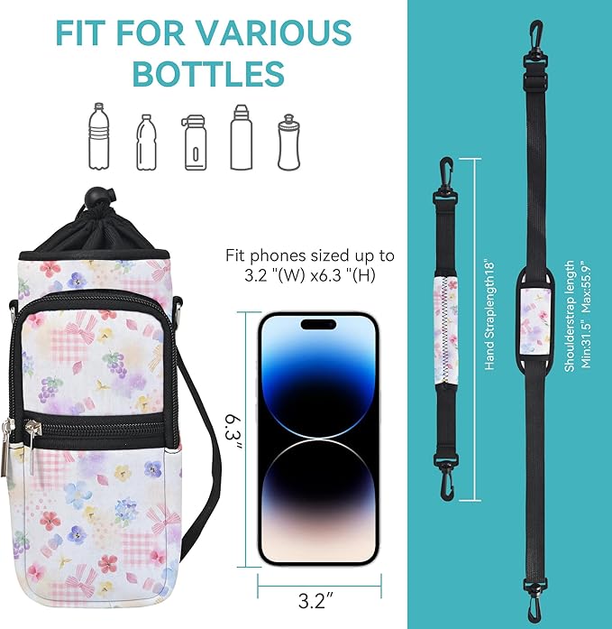 25/32/40/64oz Water Bottle Bag Holder Carrier-Insulated Crossbody Sling Case Sleeve with Strap & Pockets for Men Women Gym Cycling Travel Walking Hiking Camping-CubbioJoy