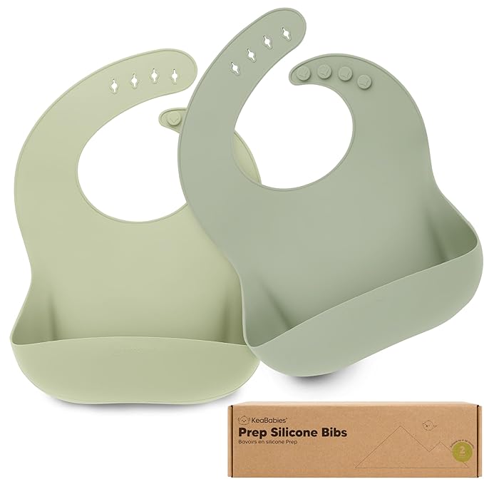 KeaBabies 2-Pack Silicone Baby Bibs for Eating - Sturdy Food-Grade Silicone Bibs for Babies Girl, Boy, Large Food Catcher, Clean & Put On Easily, Waterproof Toddler Feeding Essentials (Sage)-CubbioJoy
