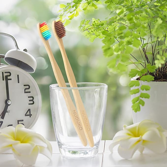 Biodegradable Bamboo Toothbrushes, 10 Piece BPA Free Soft Bristles Toothbrushes, Natural, Eco-Friendly, Green and Compostable (Multicolored Bristles)-CubbioJoy