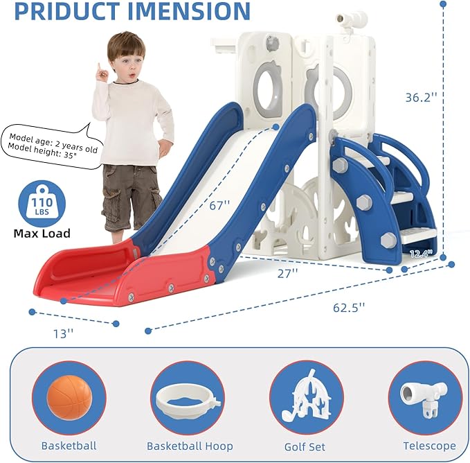 67i Toddler Slide for Kids - Foldable Indoor/Outdoor Plastic Slide with Basketball Hoop, Anti-Slip Steps, Safe & Durable Playground Equipment for 1-3 Years (Red Blue)-CubbioJoy