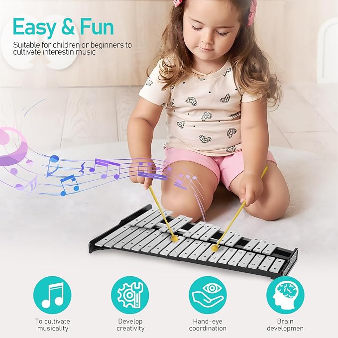 32 Note Glockenspiel Xylophone Percussion Kit with Height Adjustable Stand, Drumsticks and Carry Bag-CubbioJoy