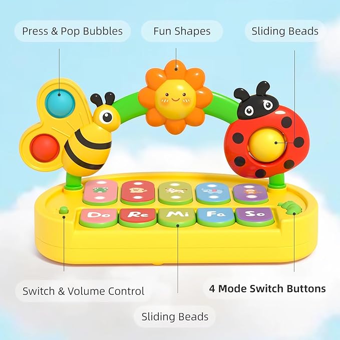 Baby Piano Toy for Kids 0-6-12-18 Months, Light Up Baby Keyboard Musical Toy with Press Pop Bubbles, 4 Modes Toddler Piano for Boys Girls Ages 1-3, Detachable & Portable Infant Toy Gift-CubbioJoy