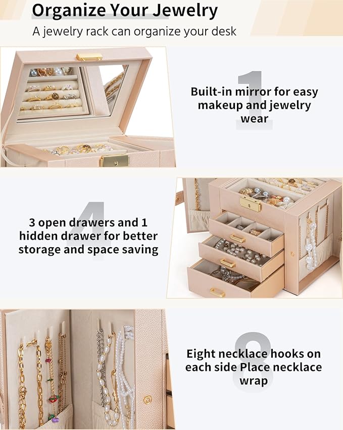 AKOZLIN 4-Tier Jewelry Box Leather Jewelry Storage Organizer with 3 Drawers Lockable for Women Girls Ring Necklace Earring Bracelet Holder with Mirror Champagne-CubbioJoy
