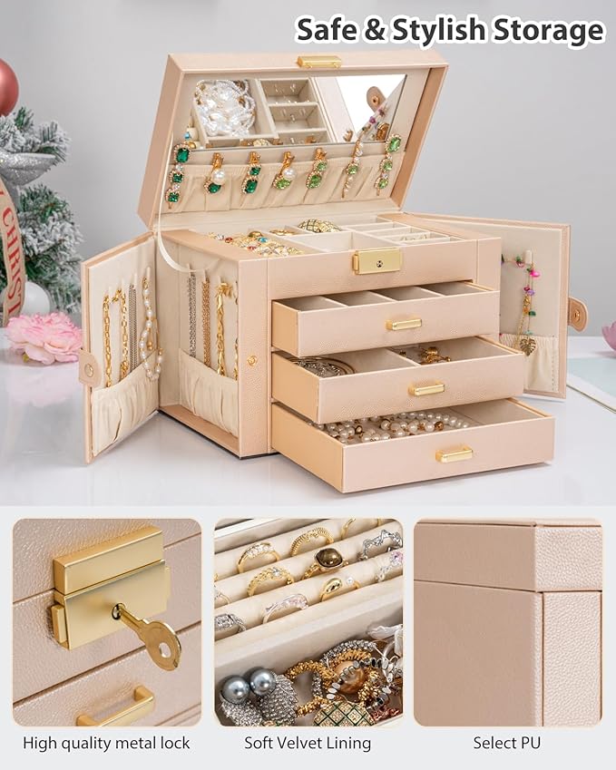 AKOZLIN Large 4-Tier Jewelry Box Leather Jewelry Storage Organizer with 3 Drawers Lockable for Women Girls Ring Necklace Earring Bracelet Watches Holder with Mirror Champagne-CubbioJoy