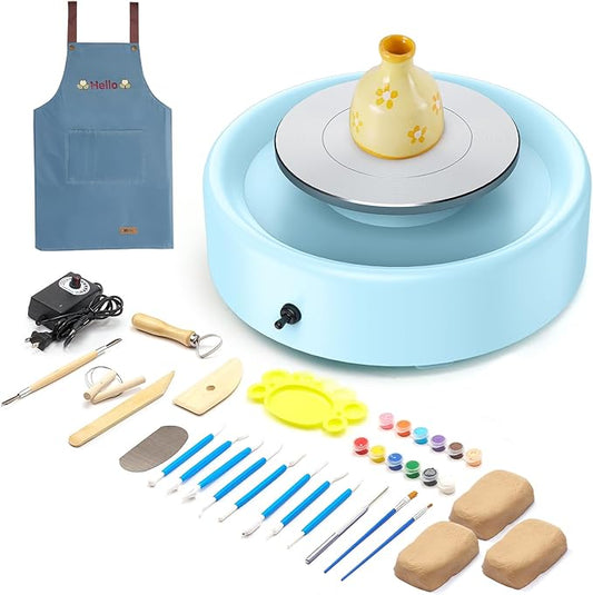 Alldeer Mini Pottery Wheel Machine - 6" Upgraded Clay Wheel for Beginners & Kids, 75W Motor, Adjustable Speed, Low Noise Ceramic Making Kit with 18PCS Sculpting Tools, Ideal for Home DIY-CubbioJoy