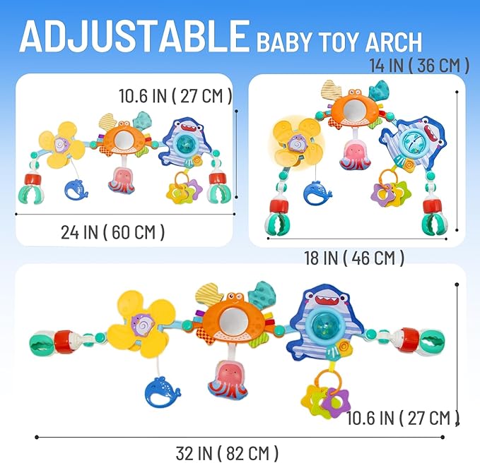 Adjustable Baby Stroller Arch Toy, Car Seat Toys for Infants 6-12 Months Hanging Toy Bar Attachment with Teether & Sound, Crib Comfort Gift for Birthday, Baby Shower-CubbioJoy