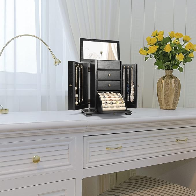 Jewelry Box for Women, Rustic Wooden Jewelry Boxes & Organizers with Mirror, 4 Layer Jewelry Organizer Box Display for Rings Earrings Necklaces Bracelets (Black)-CubbioJoy