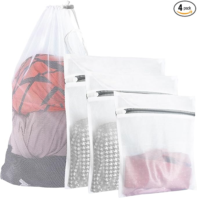 4Pcs Mesh Laundry Bags, Heavy Duty Laundry Bag, Durable Delicate Laundry Bag for College, Dorm, Travel, Family And Apartment Dwellers, (1small, 1medium, 1large, 1xx-Large) White-CubbioJoy