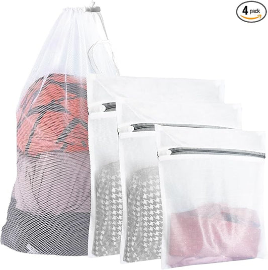 4Pcs Mesh Laundry Bags, Heavy Duty Laundry Bag, Durable Delicate Laundry Bag for College, Dorm, Travel, Family And Apartment Dwellers, (1small, 1medium, 1large, 1xx-Large) White-CubbioJoy