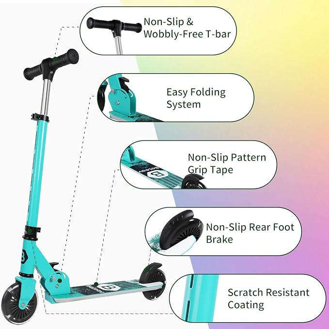 BELEEV V2 Scooters for Kids with Light-Up Wheels & Stem & Deck, 2 Wheel Folding Scooter for Girls Boys, 3 Adjustable Height, Non-Slip Pattern Deck, Lightweight Kick Scooter for Children Ages 3-12-CubbioJoy
