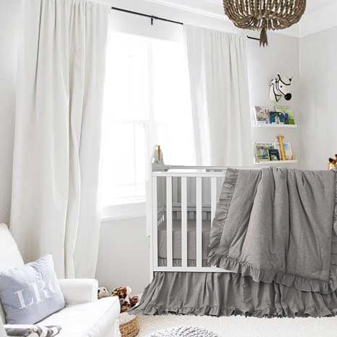 Brandream Baby Crib Bedding Set for Girls Boys Gender Neutral Boho Bohemian Farmhouse Chic Ruffle 6-Piece Nursery Bedding Set - 100% Washed Cotton Gray Grey-CubbioJoy