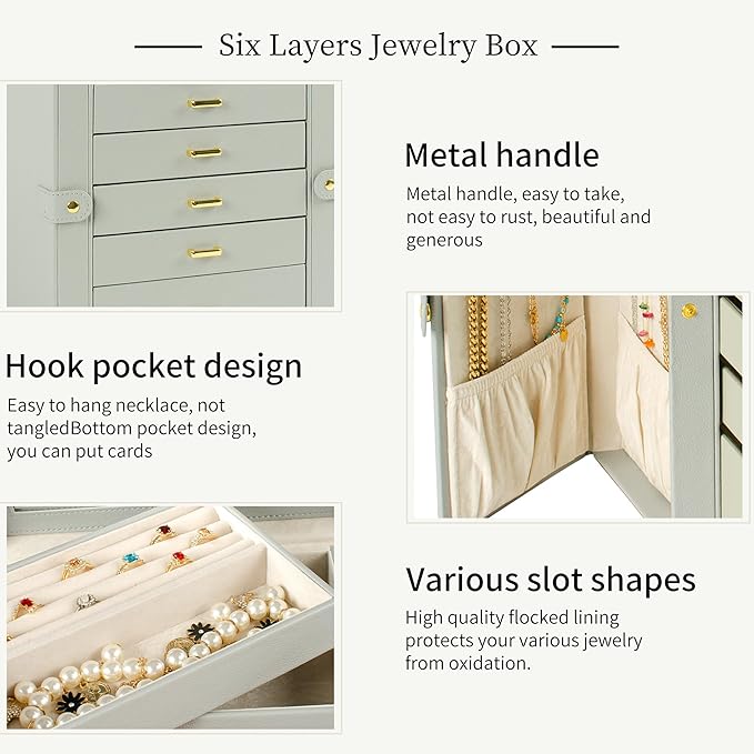 AKOZLIN Large Jewelry Box Organizer Functional Lockable with Big Mirror, Leather Jewelry Storage Case for Women Girls Ring Necklace Earring Bracelet Holder Organizer Grey-CubbioJoy