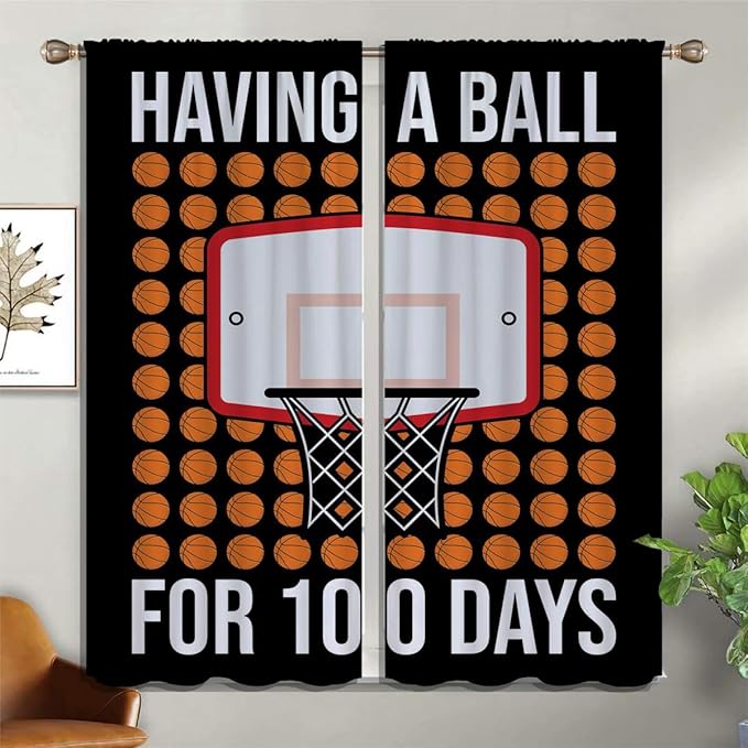 Basketball Blackout Curtains for Boy Girl Room Darkening Decor,Sports Themed Hoop and Many Basketballs Bedroom Living Room Home Rod Pocket Thermal Insulated Window Curtain/Drapes Panel,84x63 Inch…-CubbioJoy
