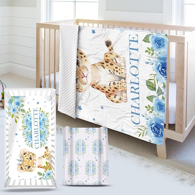 Custom Name Crib Bedding Set - Blue Floral Leopard Pattern, Personalized Nursery Bedding 3-Piece Set– Soft Blanket, Fitted Sheet, Changing Pad Cover – for Newborns Girls Nursery Gifts-CubbioJoy