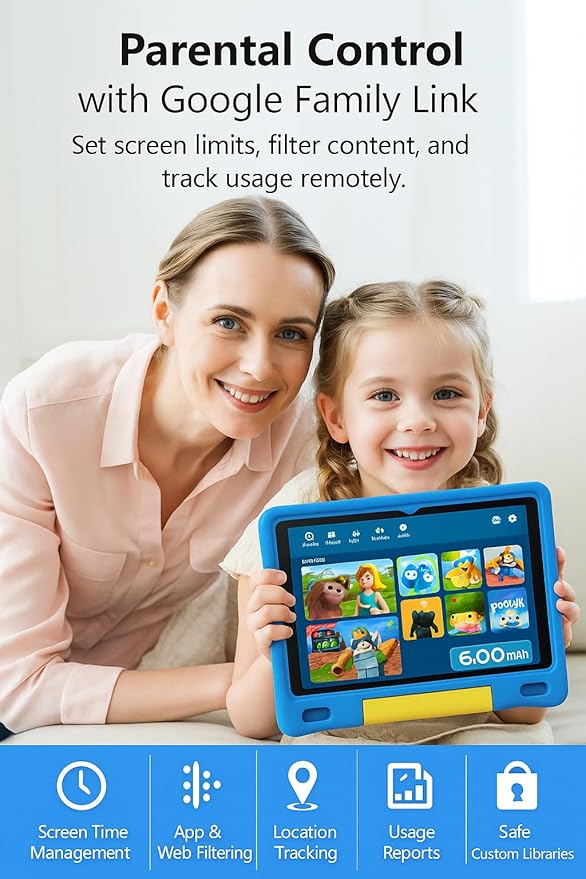 10.1 Inch Kids Tablet with Shockproof Case | Android 14, 64GB+8GB RAM, 12H Battery | Parental Control, Google Kids Space & Preloaded Educational Apps | WiFi 6, HD Display, Ages 3-12-CubbioJoy