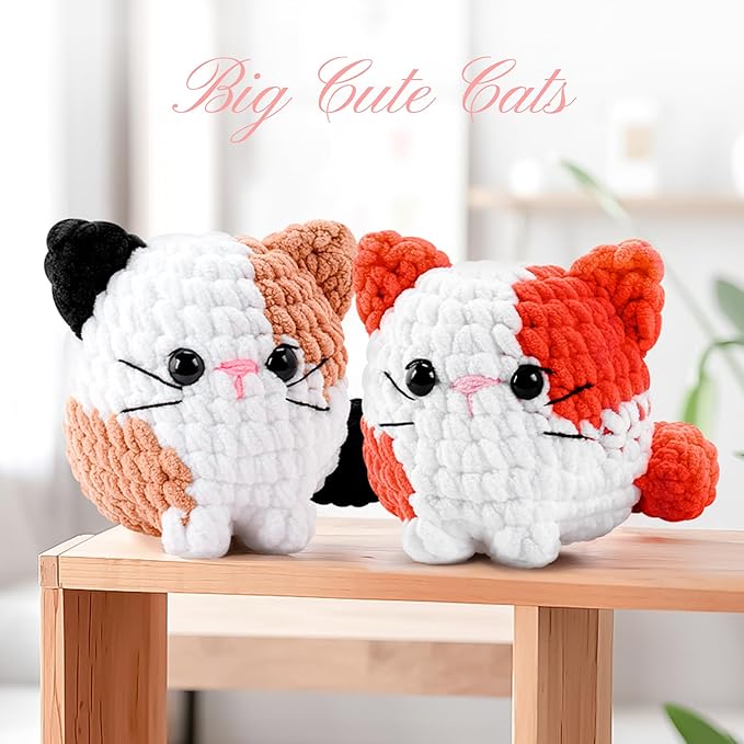 Cat Crochet Kit for Beginners-2PCS Calico Cats Crochet Kits for Adults Kids, Crochet Starter Kit with Step-by-Step Video Tutorials,Crochet Animal Kits Knitting Kit Learn to Crochet Kits-CubbioJoy
