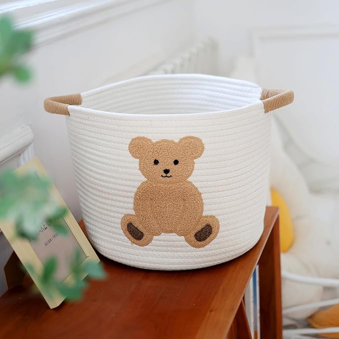 INough Cotton Rope Basket Toy Storage Baskets for kids Laundry Hamper, Gift Basket Empty Baby Shower Baskets with Handles, Cute Bins Blanket Stuffed Animal Storage for Nursery, Living Room Decor, Bear-CubbioJoy