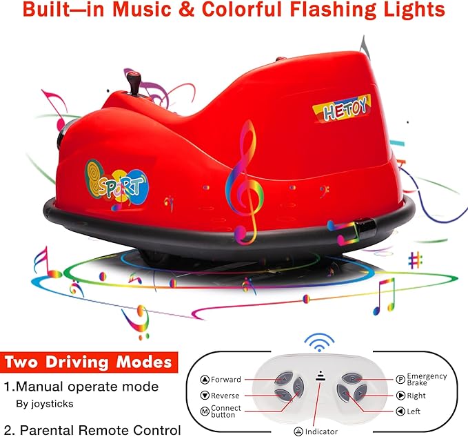 12V Bumper Car for Toddlers, Electric Toy Ride on Battery Car with Kids W/Parent Remote Control, 2-Speed, 360 Degree Spin, Music & LED Lights for Kids, Red-CubbioJoy