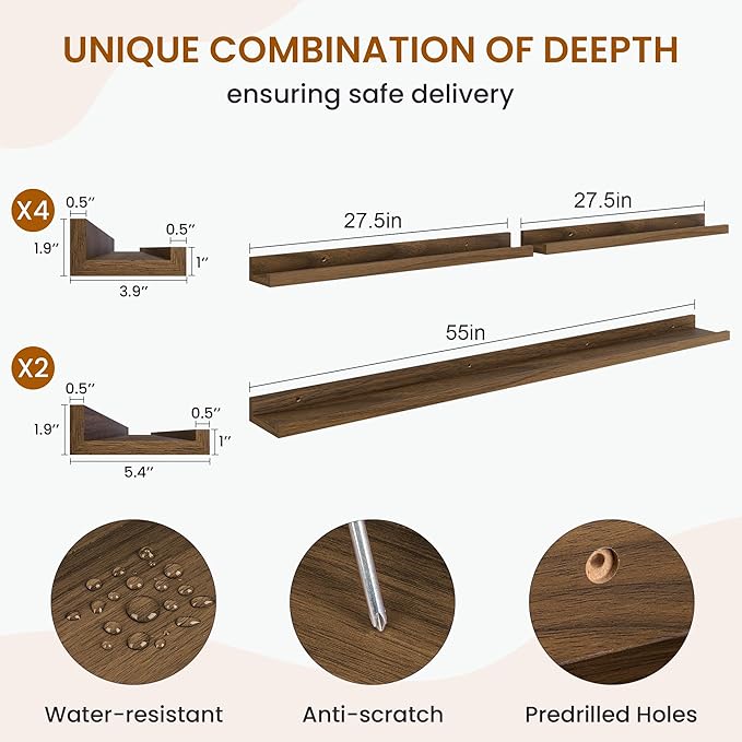 Axeman Picture Ledge Shelf, Floating Shelves for Wall Decor Storage Set of 6, 55 inch Floating Wall Mounted Shelves, Wall Shelves with Lip for Living Room, Bedroom, Nursery, Bathroom, Kitchen, Walnut-CubbioJoy