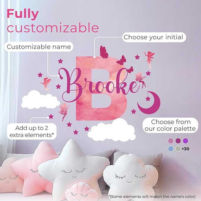 Custom Stickers Name Wall Decor I Personalized Name Sign for Room Decor | Multiple Custom Name & Initial I Decal for Baby Girl Nursery Decor I Nursery Wall Decal for Baby (C. Pink Sky)-CubbioJoy
