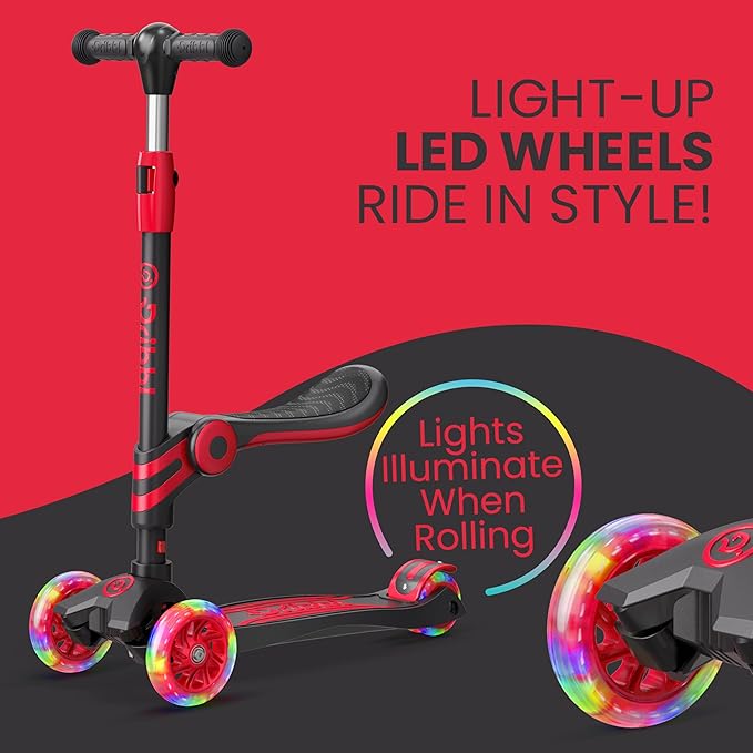 Black and Red 3 Wheel Scooter with Seat for Kids – Light-Up LED Wheels, Adjustable Handlebar and Seat, Smooth PU Wheels, Wide Anti-Slip Deck, Rear Foot Brake – Toddler Outdoor Toys for Ages 2+-CubbioJoy