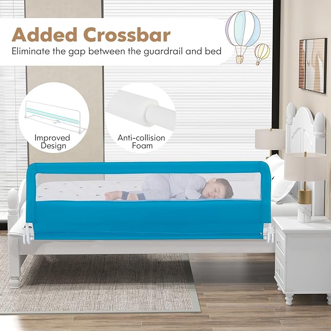 BABY JOY Bed Rails for Toddlers, 71'' Extra Long, Upgraded Swing Down Bed Guard w/Safety Strap, Folding Baby Bedrail for Kids Twin, Double, Full Size Queen & King Mattress (71-Inch, Blue)-CubbioJoy